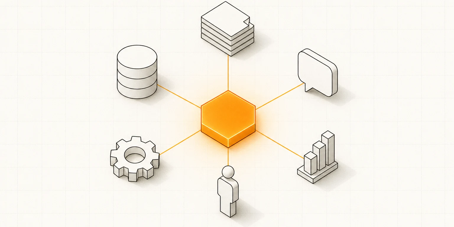 Isometric diagram of a business designed around a central AI core connected to its documents, data, communication, reporting, operations, and people